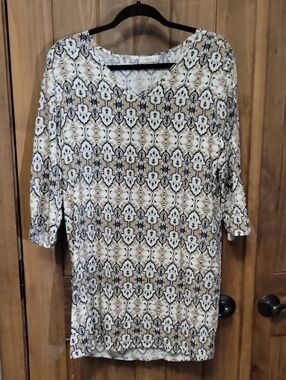 Women's Patterned 3/4 Sleeve Tunic Top - White & Tan